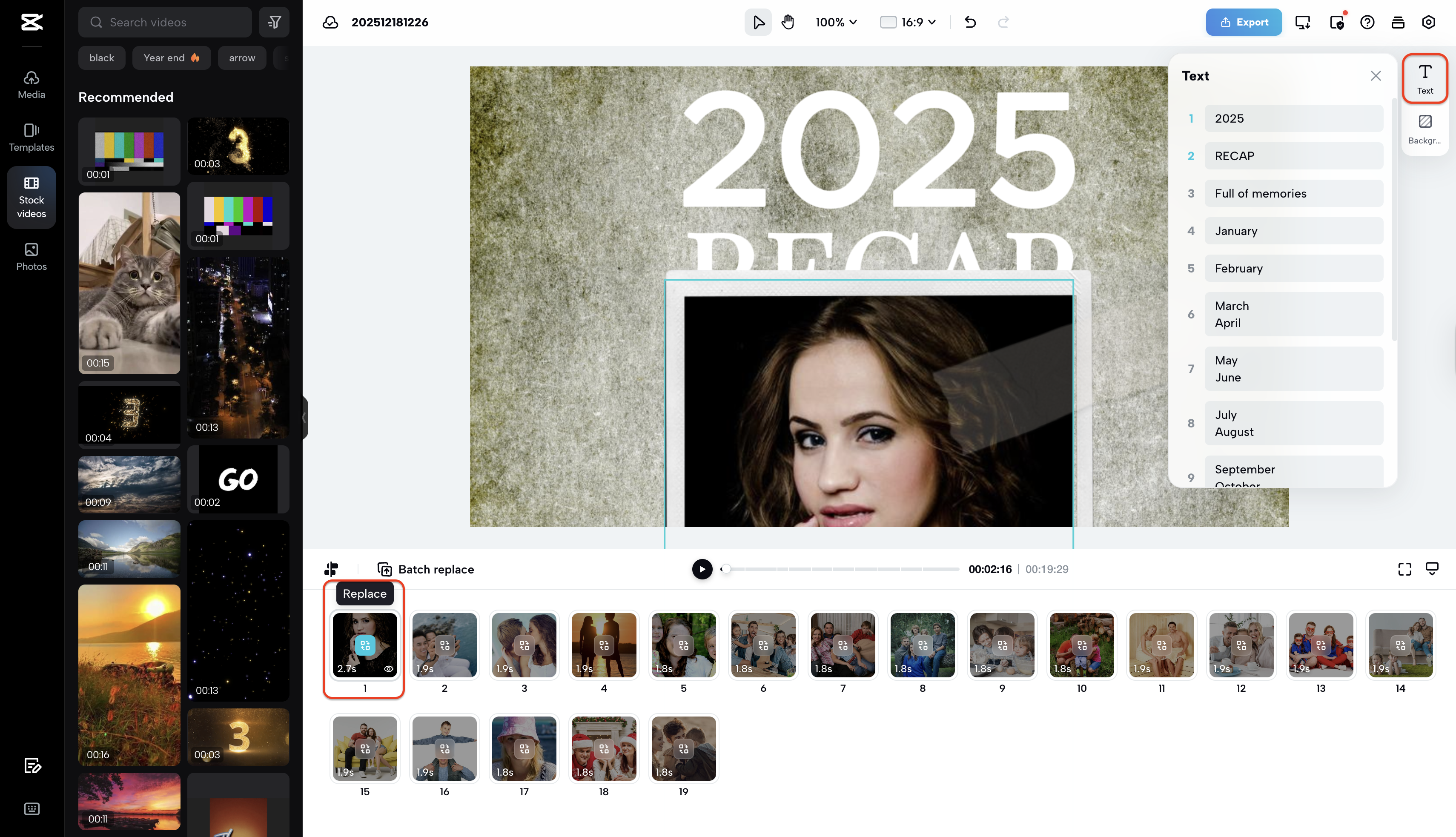 Customize text or captions and replace placeholder clips with your media