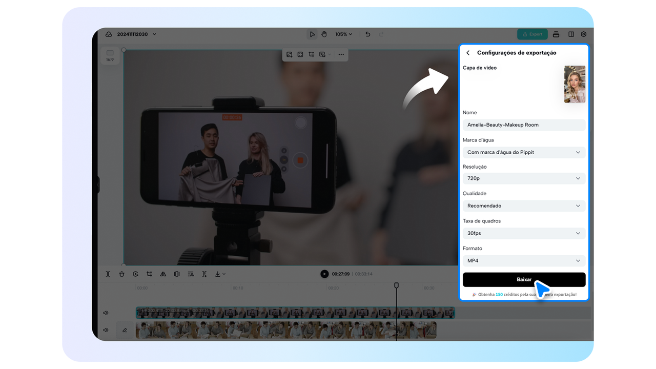 Editor de video online exportando vídeo editado