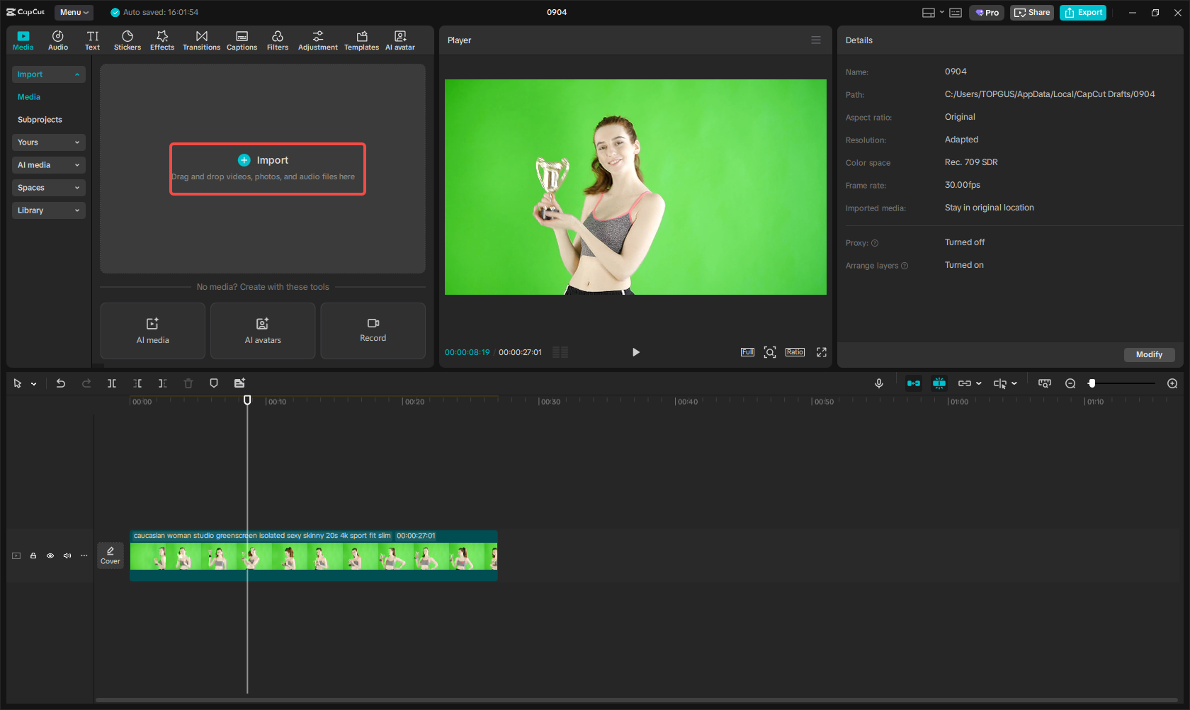 Import the solid color background video
