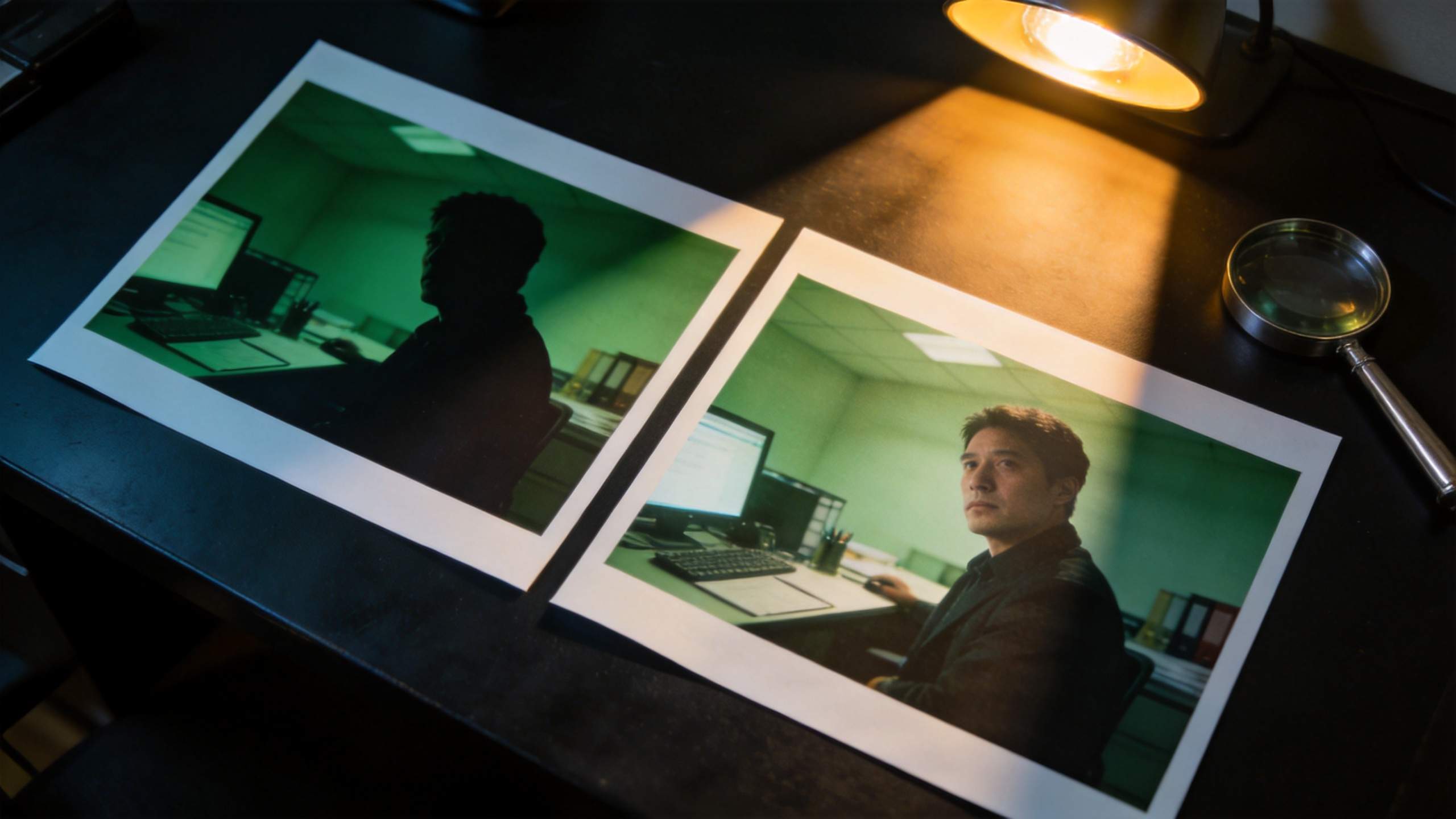 Two printed photos on a desk show the same man in an office, one heavily green-tinted and one natural under a lamp.