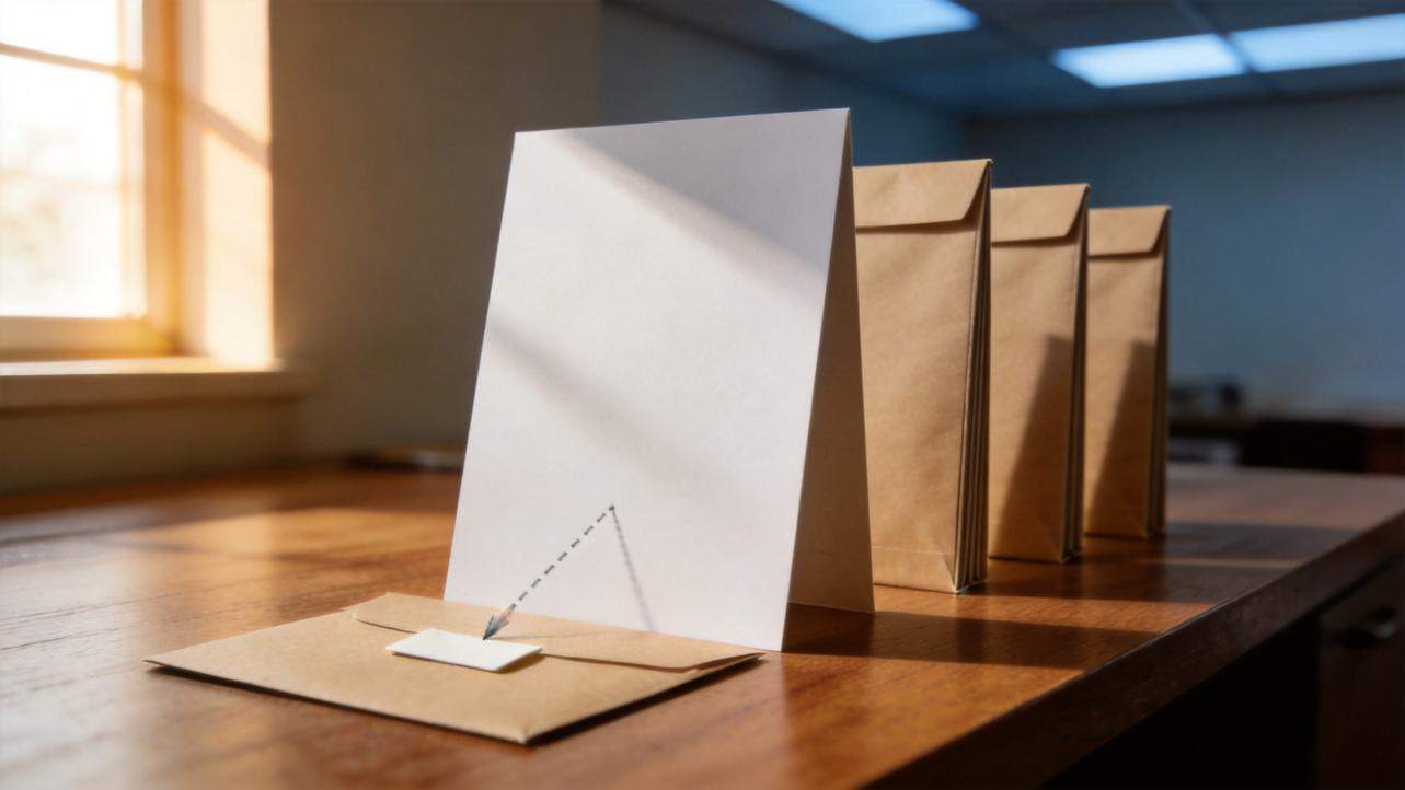 Row of standing envelopes on a wooden table, with one open envelope and blank card in front