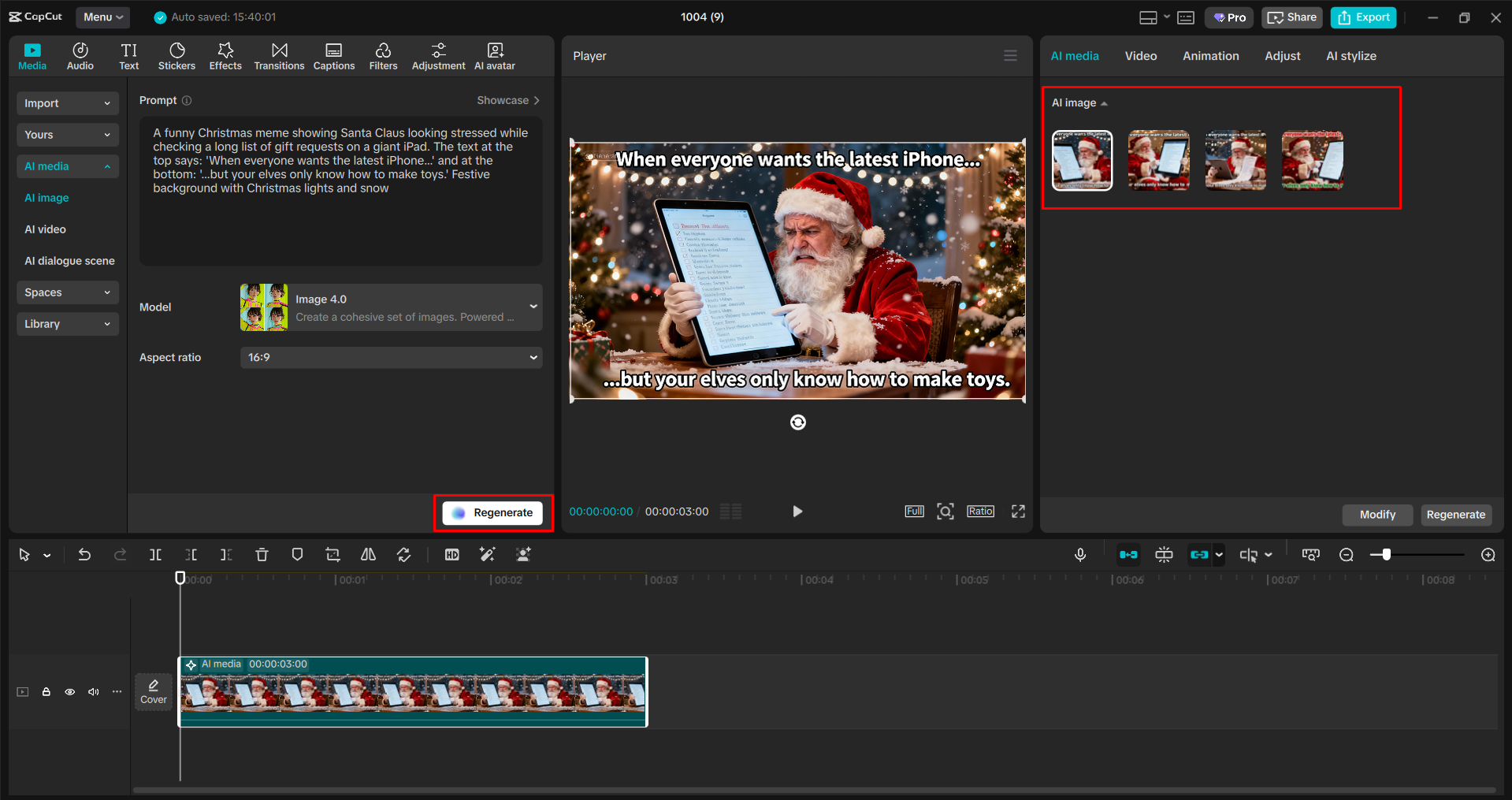 Converting text to Christmas meme with the CapCut desktop video editor