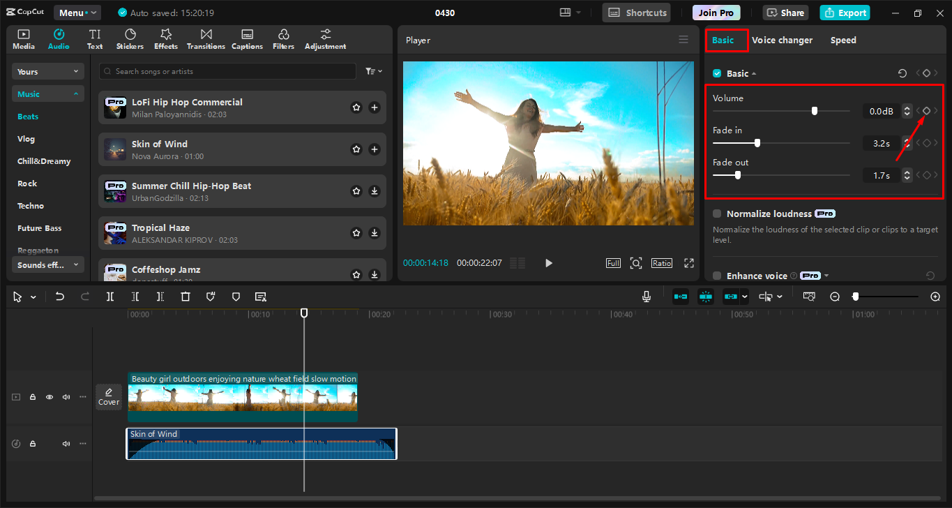Затухающий звук в настольном видеоредакторе CapCut