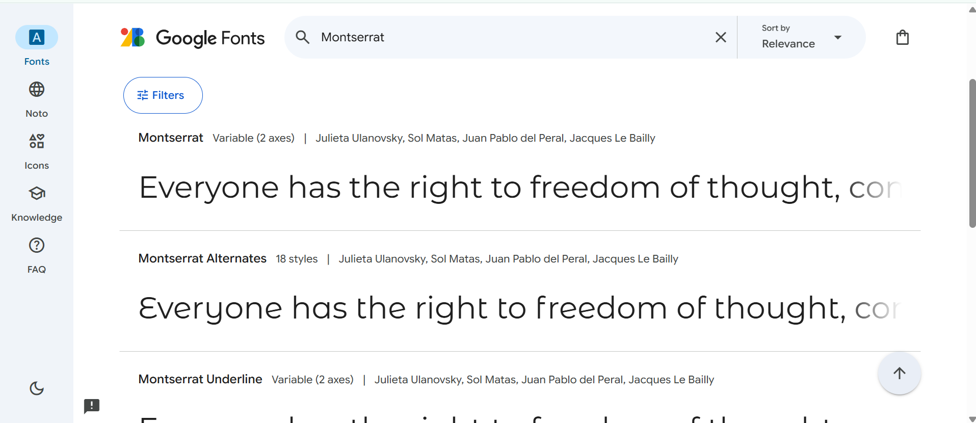 Интерфейс Google Fonts - лучшая платформа для получения шрифта Montserrat
