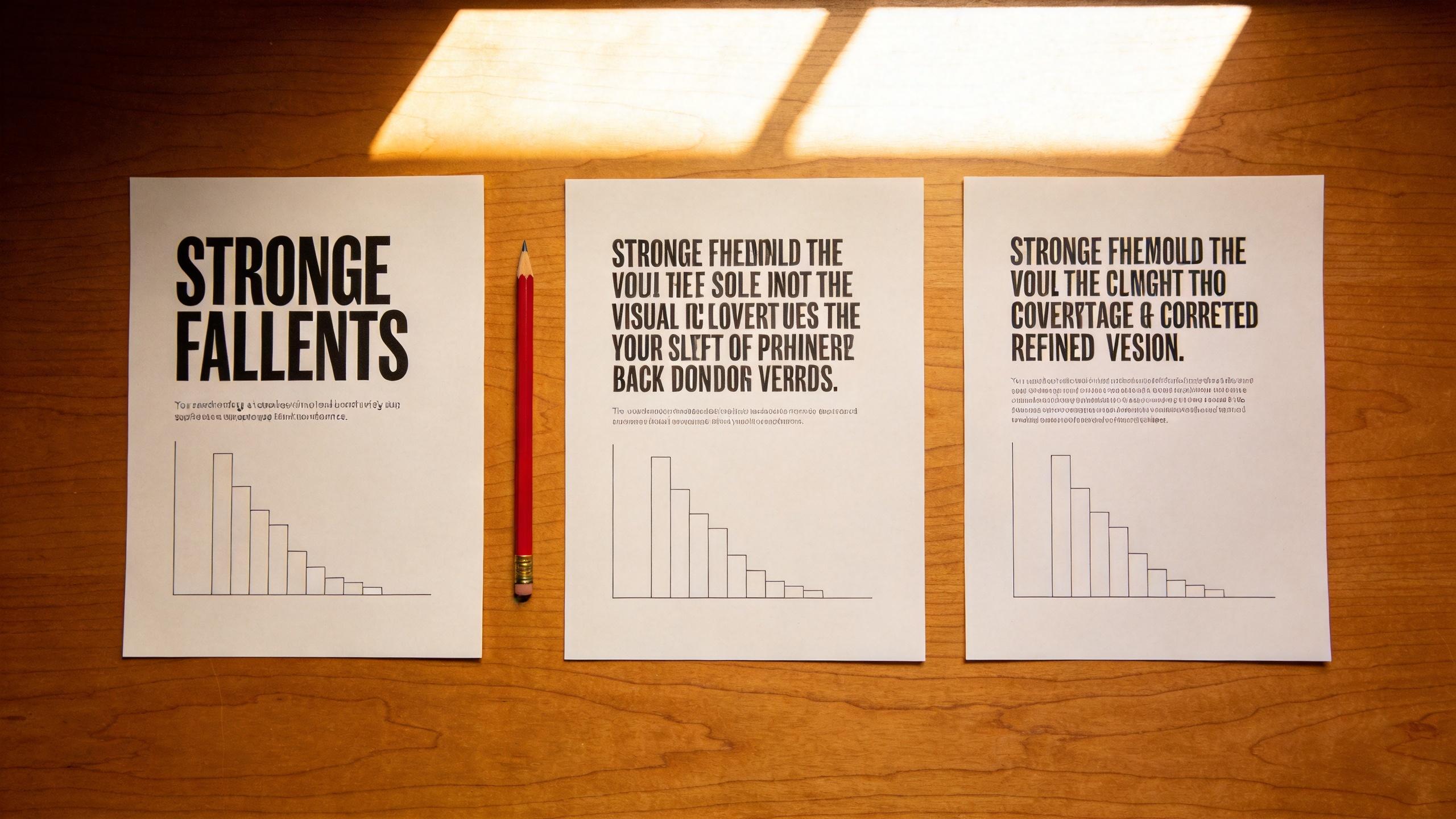 Three slide printouts on a wooden table show typography and a bar chart in black and white.
