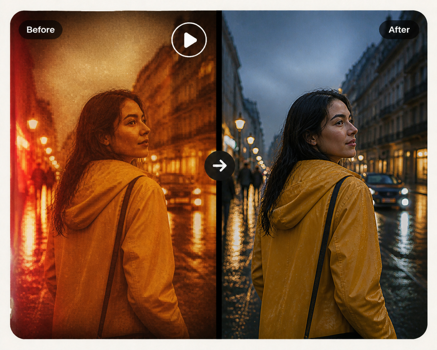Before and after comparison of a retro rain video filter