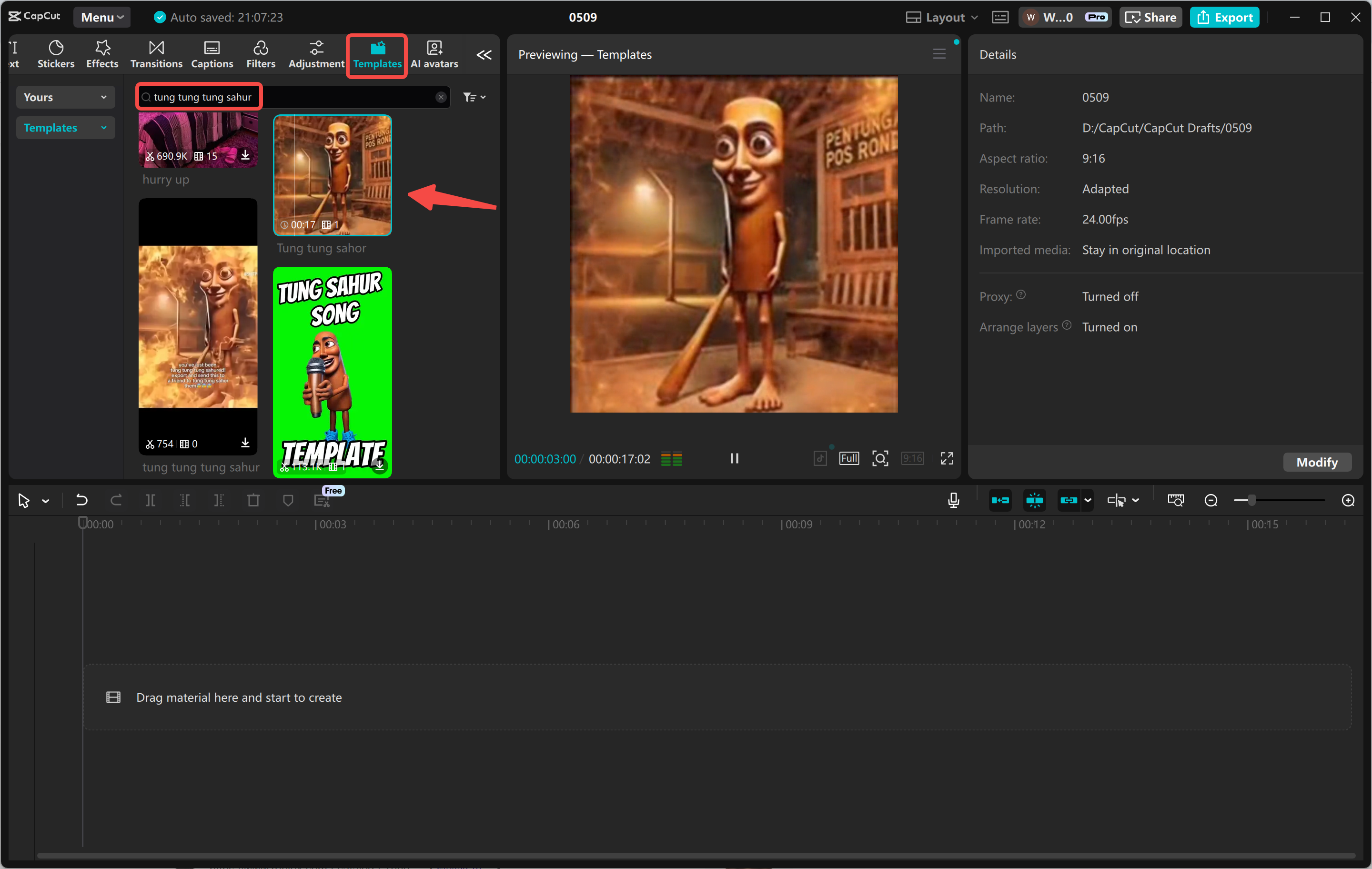 Menggunakan templat video tung tung sahur dalam editor video desktop CapCut
