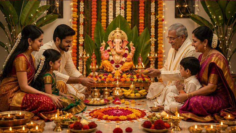 Vinayaka Chavithi AI Poster — Ganesha surrounded by flowers, lamps, and celebratory color