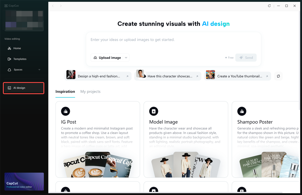 Accessing the AI Design tool in CapCut