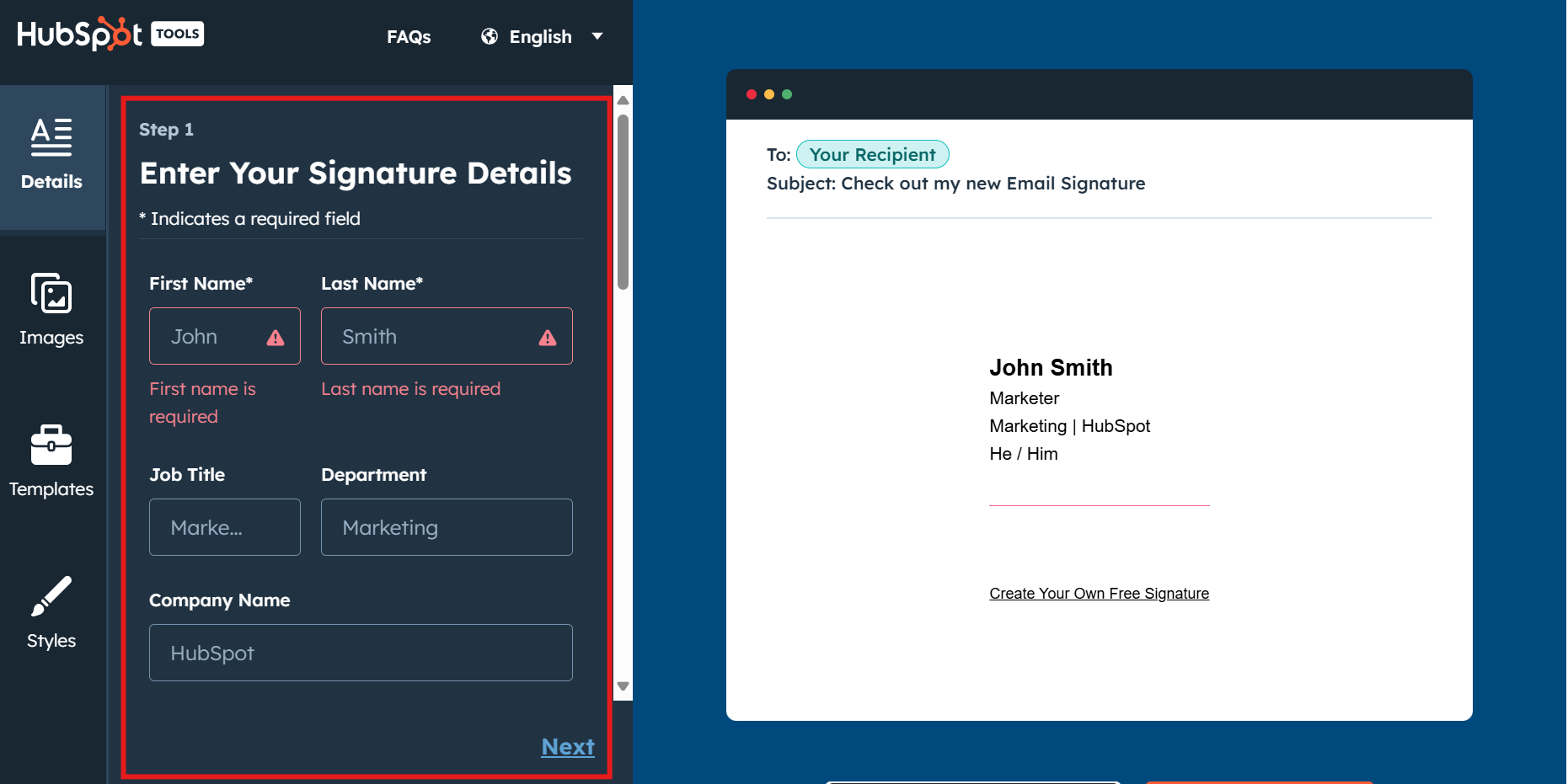 Generate signature with HubSpot e mail generator