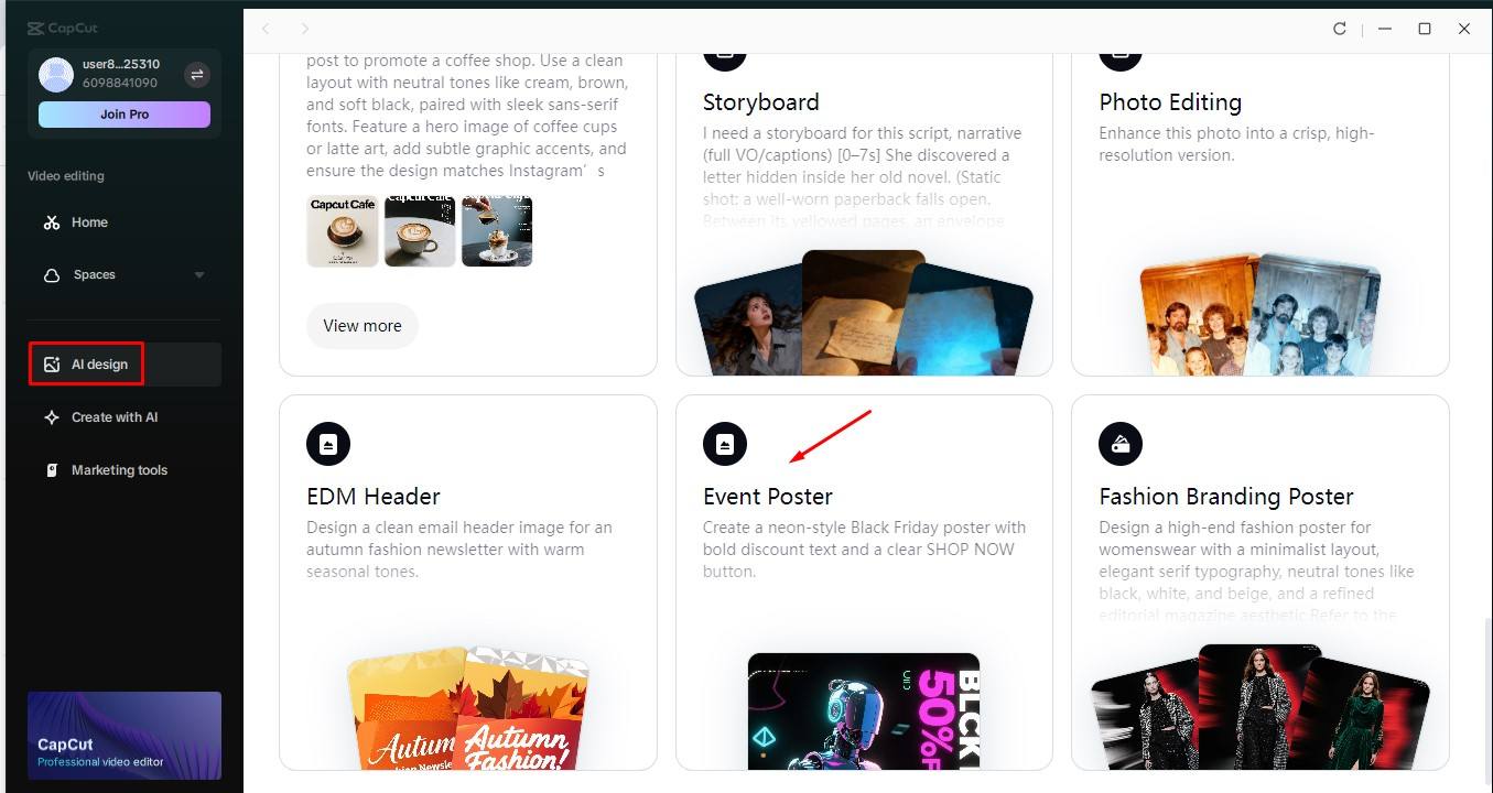 Access the AI design tool of CapCut