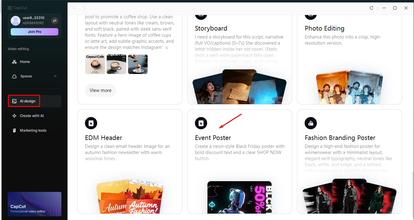 Access the AI design tool of CapCut