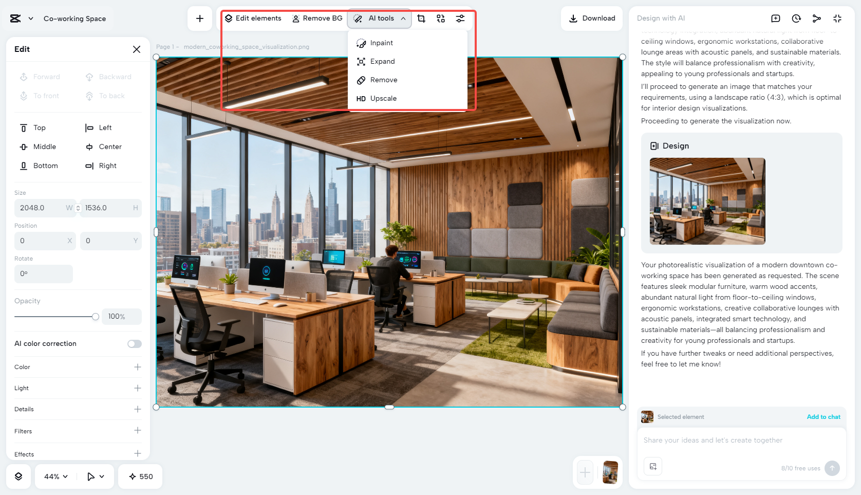 Edit the interior design with AI tools