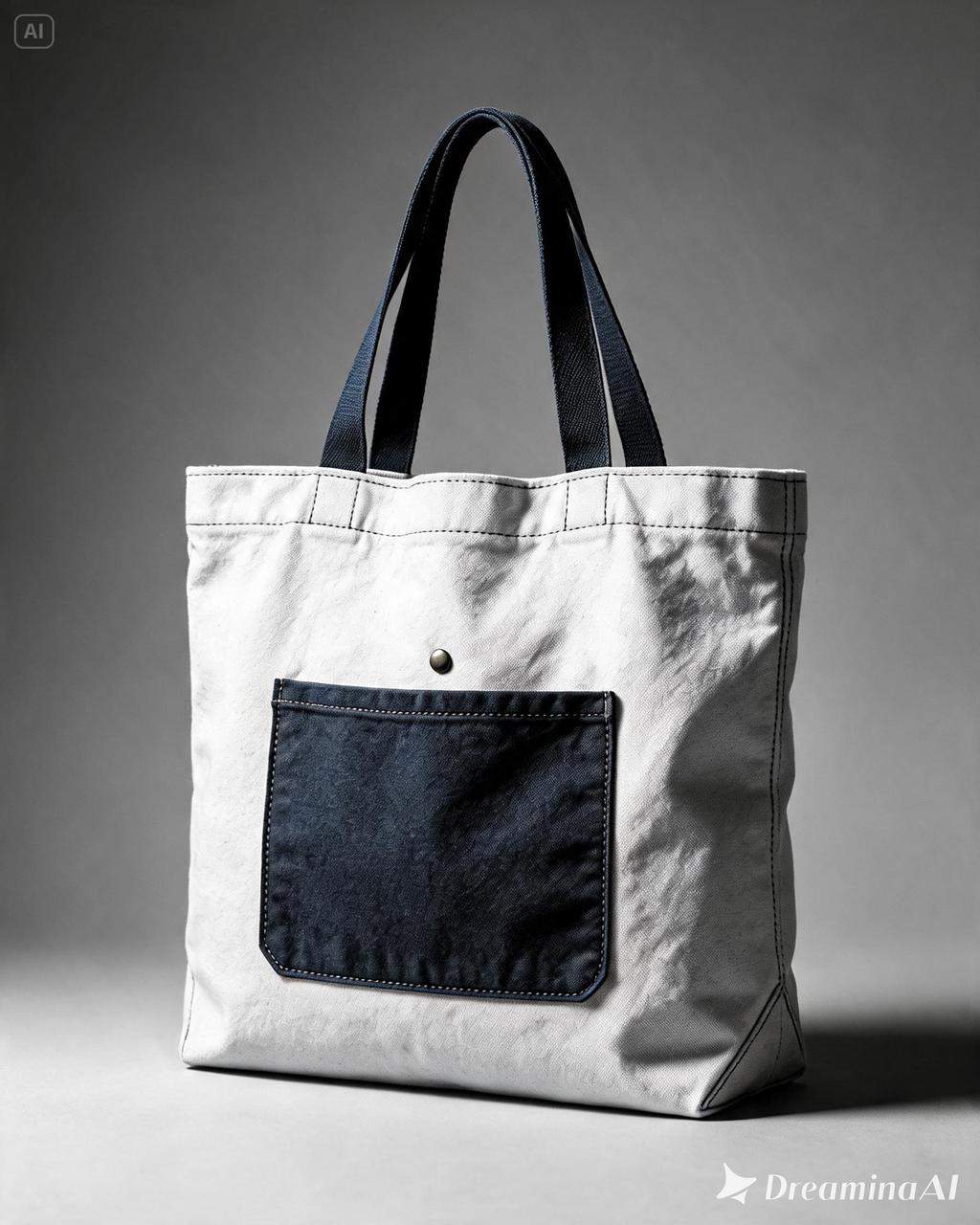 Tote-Bag-Edition mit grauem Hintergrund, hellem Stoff, dunkelblauer Tasche und entsättigtem Knopf