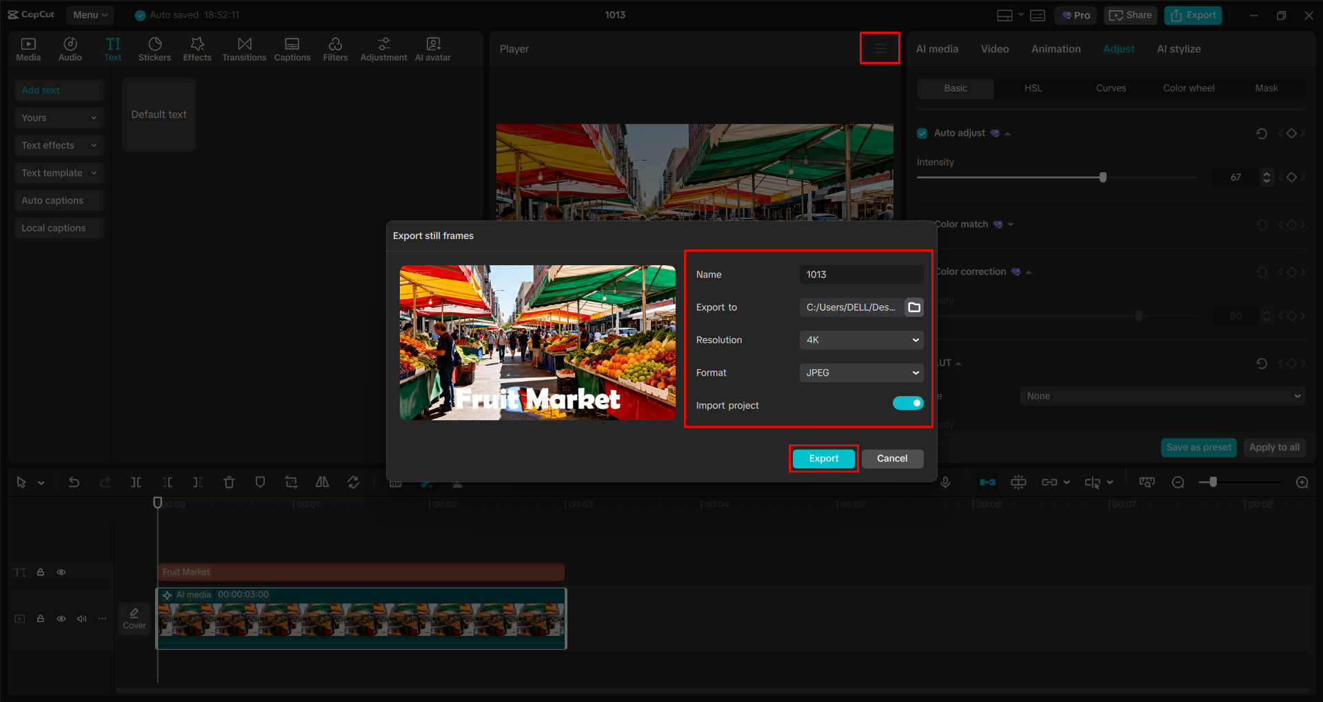 Exporting the image from the CapCut desktop video editor