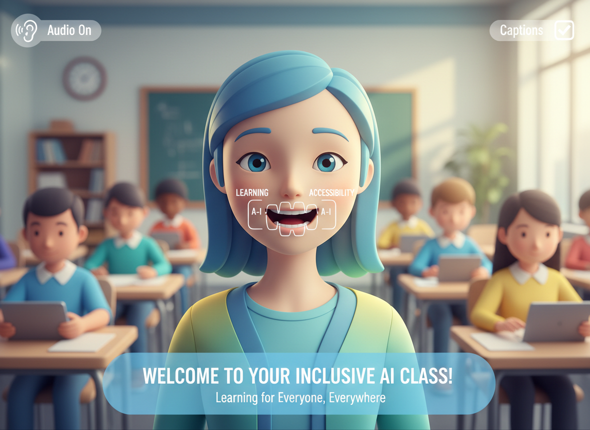 Teacher-style AI avatar reads lesson with auto voice captions, visible mouth movement, and classroom backdrop.
