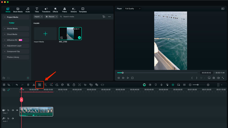 Acessando a ferramenta de recorte e zoom no Wondershare Filmora