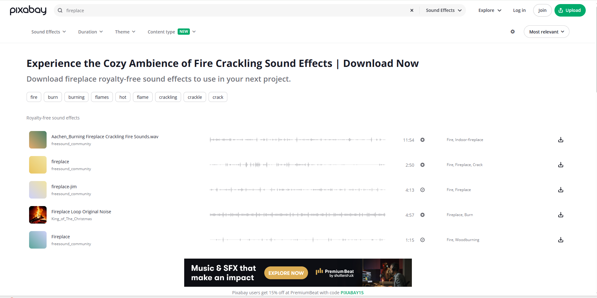 Interface de Pixabay - un excellent site pour les effets sonores crépitants de cheminée