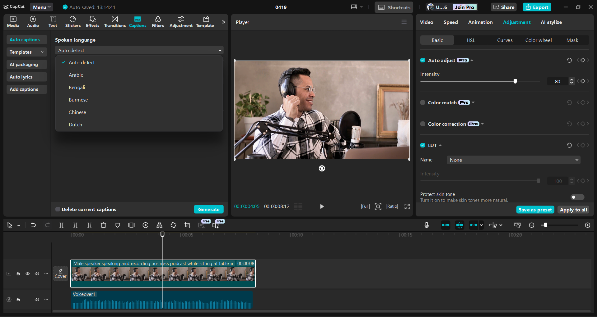 Antara muka CapCut editor video desktop - cara cepat untuk menukar podcast kepada teks