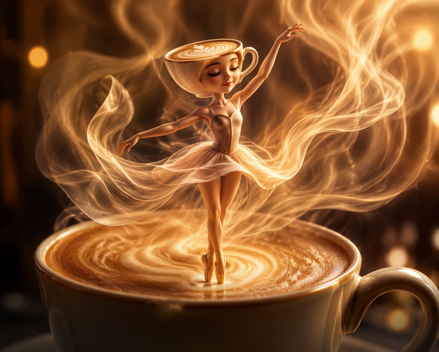 Dreamina ballerina cappuccina video prompt example 5: Cinematic Coffee Waltz