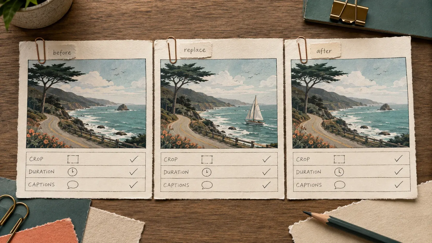 A three-card paper storyboard for reviewing crop duration and captions after a media replacement