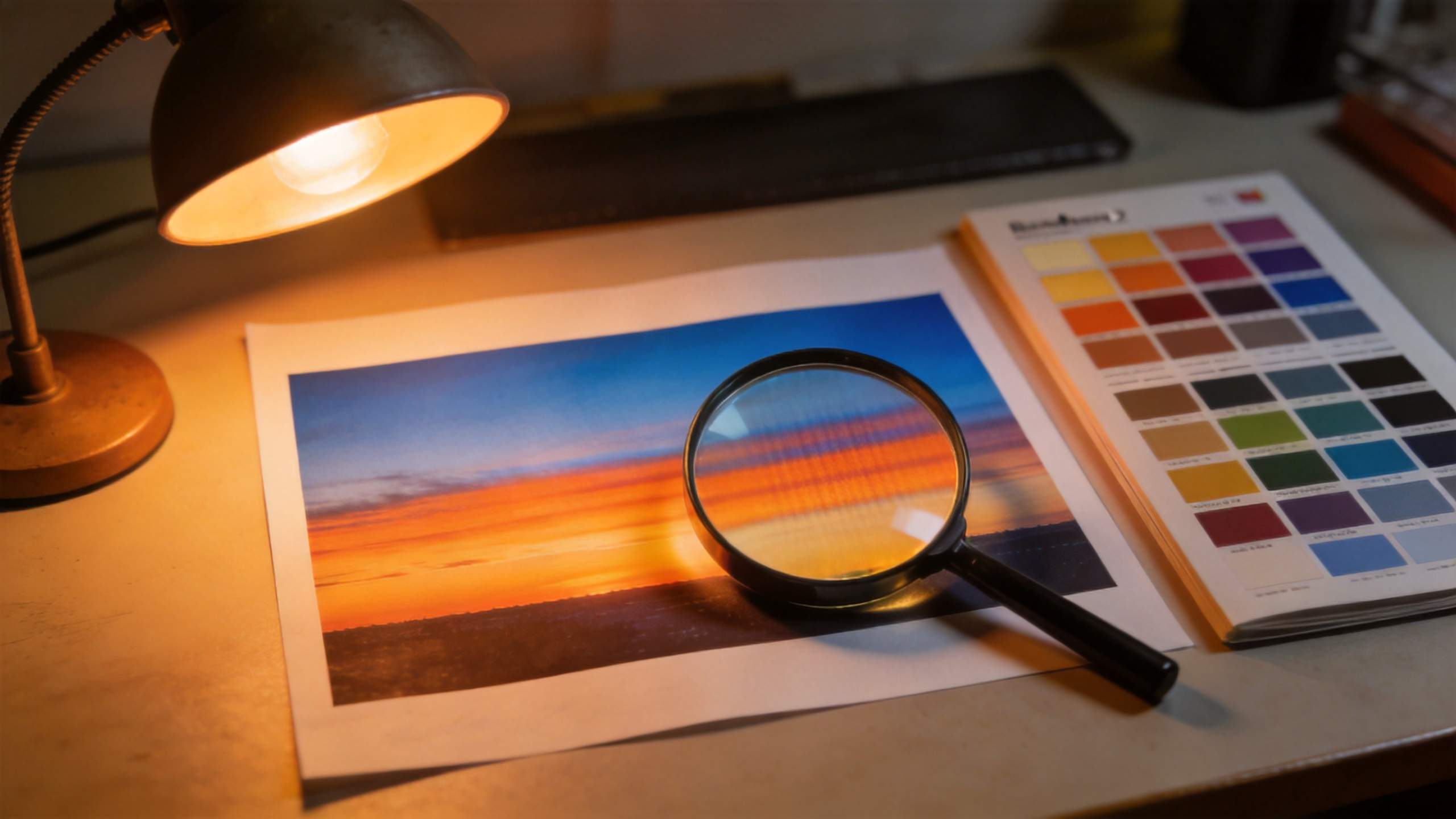 Magnifying glass over a sunset print beside a color swatch book under a desk lamp