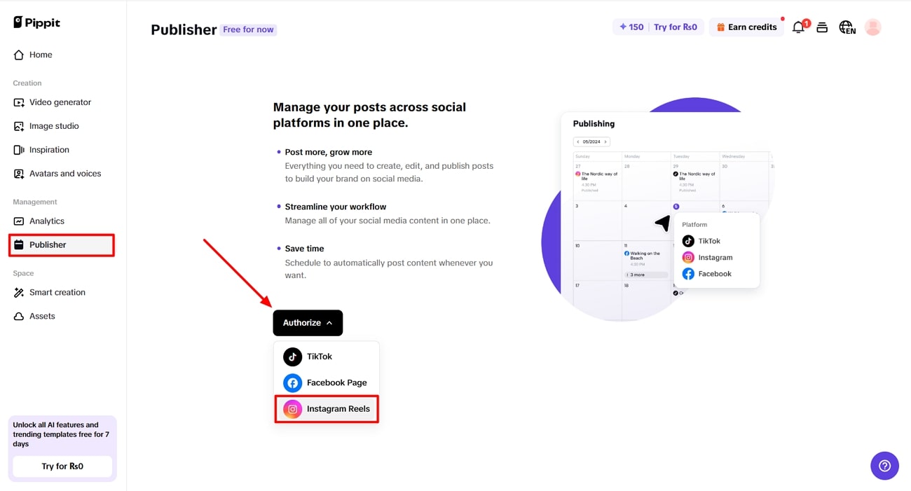 Piliin ang Instagram Reels sa tampok na publisher.