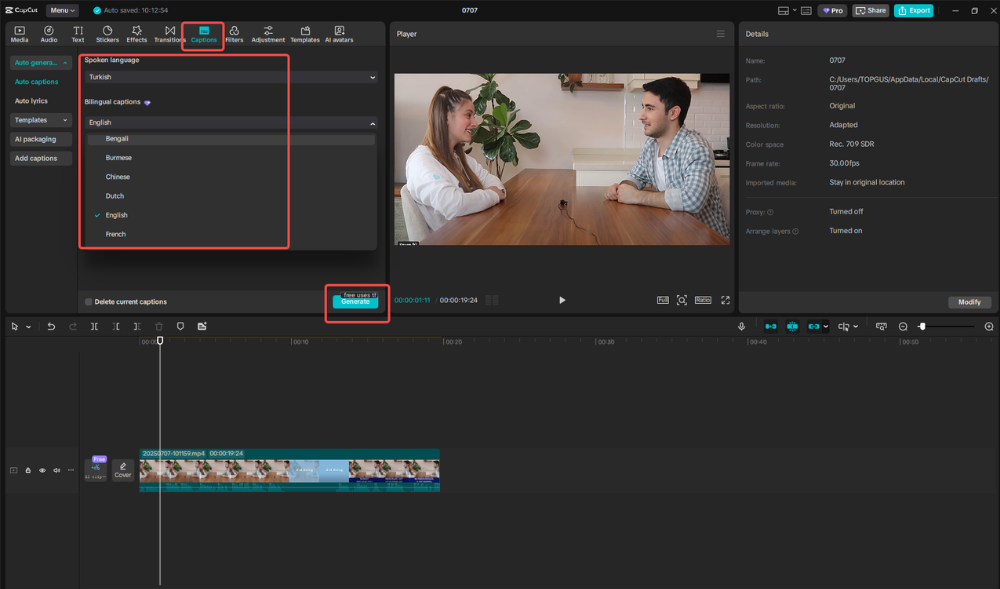 Translating from Turkish to English in CapCut