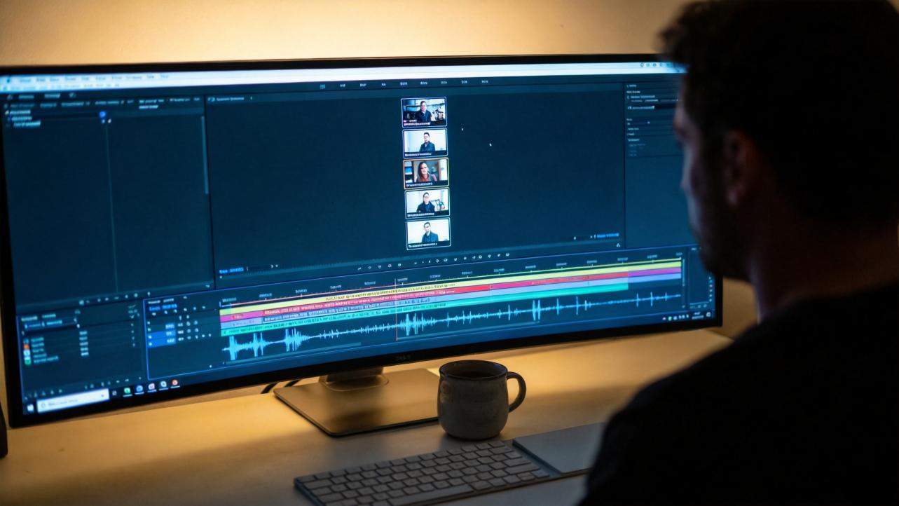 Person editing vertical video clips and audio on a computer monitor