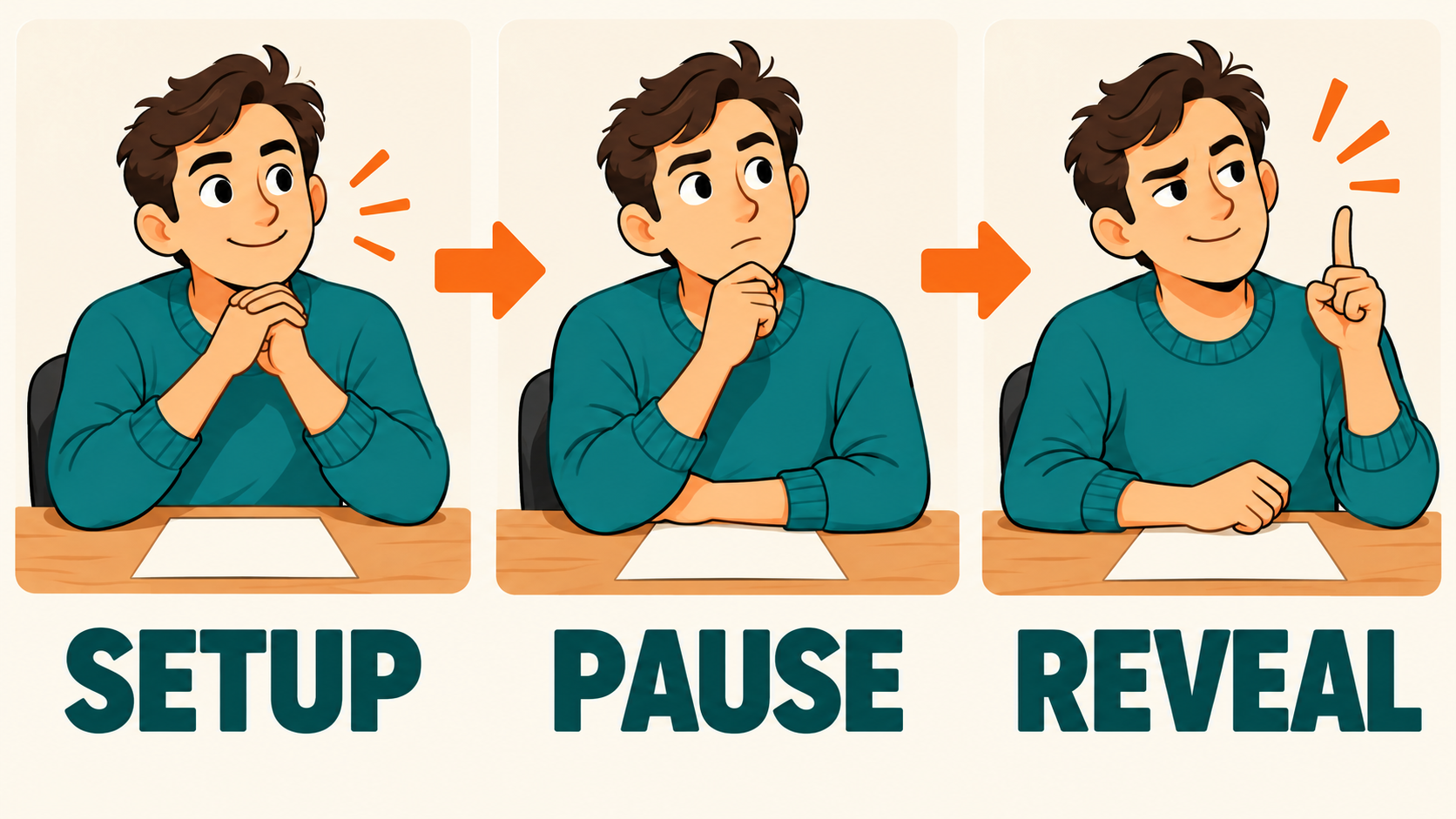 Three illustrated beats labeled Setup Pause and Reveal