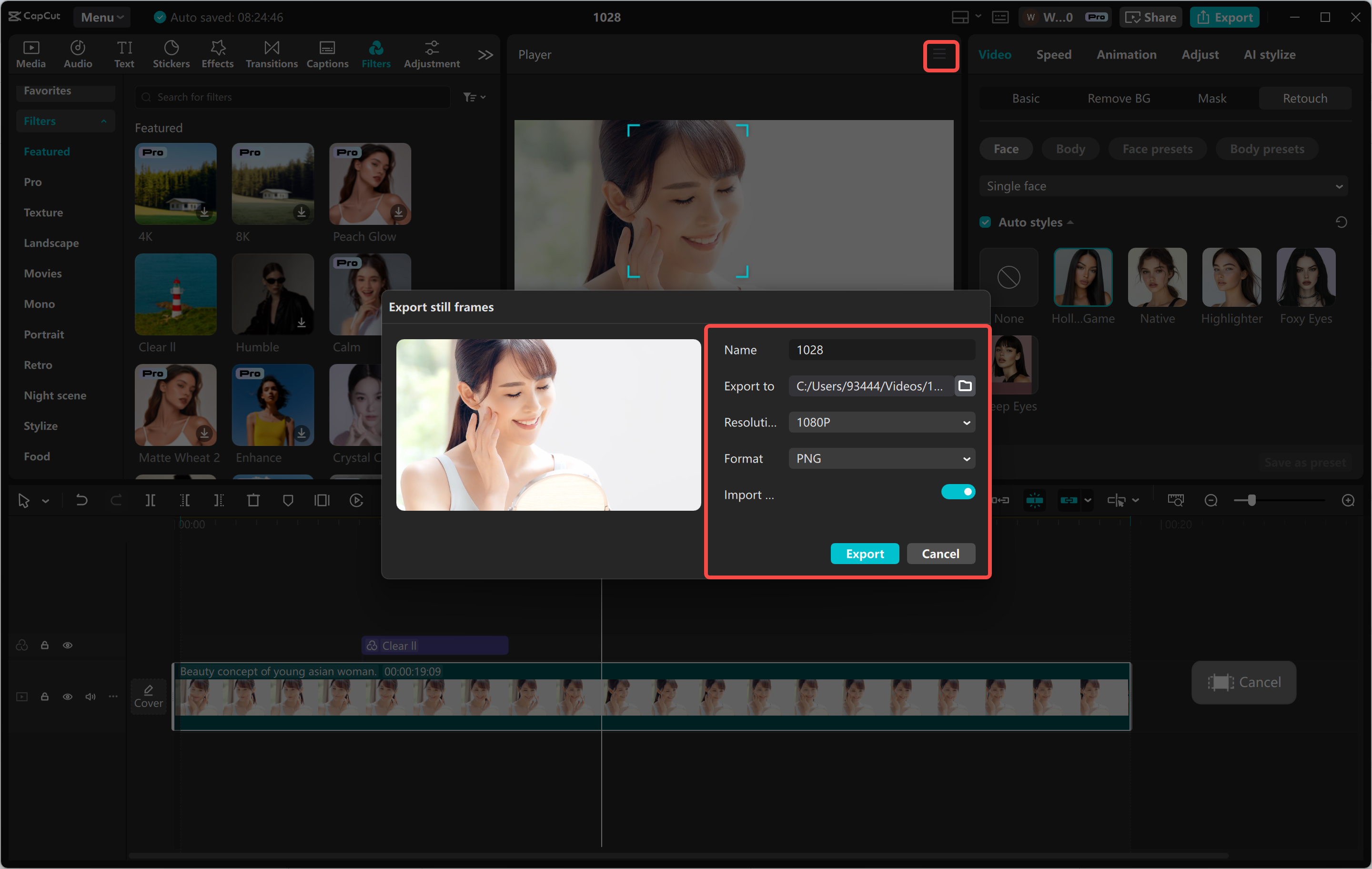 Esportazione di un'immagine dall' CapCut editor video desktop