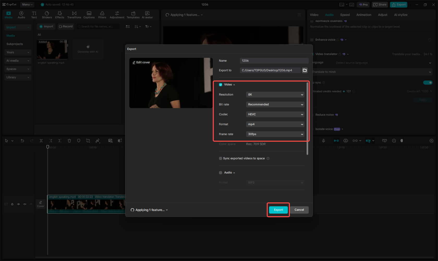 Exporting the translated video in CapCut