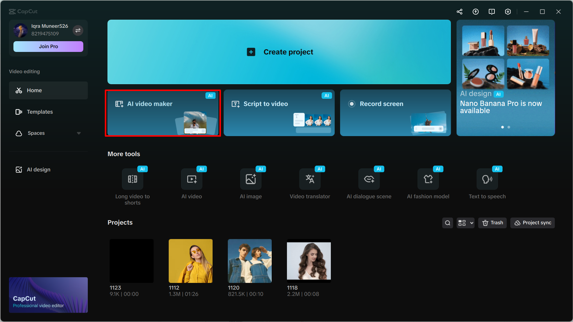 Accessing the AI video maker in CapCut