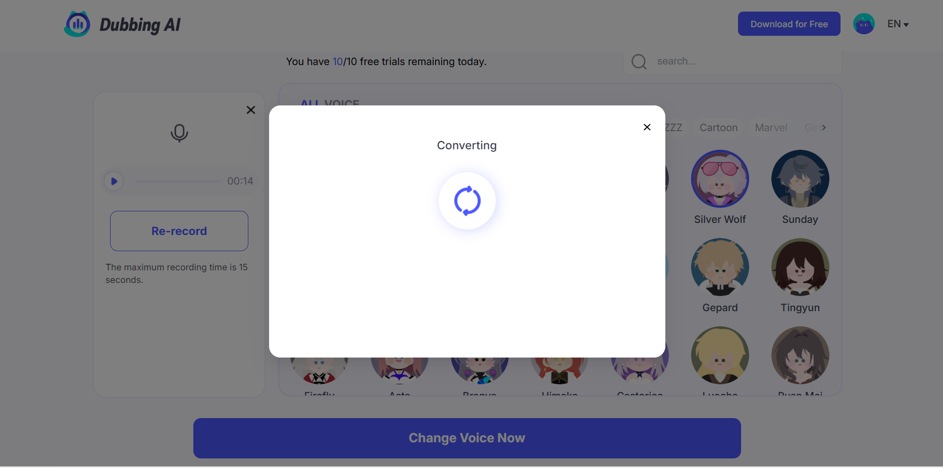 Select target language and voice style in Dubbing AI Voice Changer
