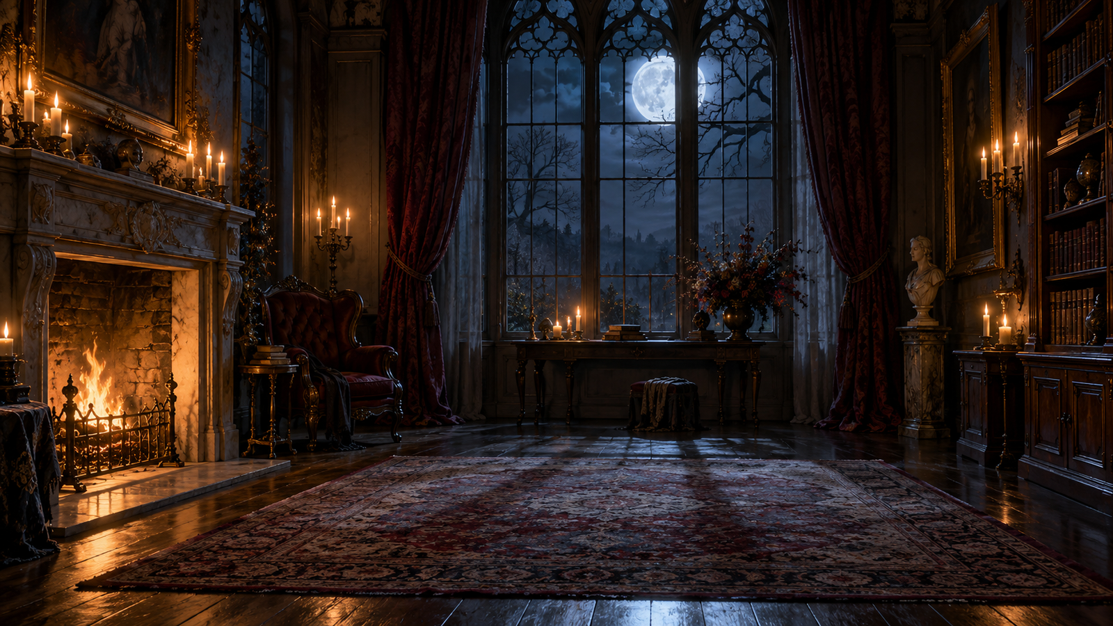 Haunted manor room: Empty richly textured haunted manor room with candles and moonlight, clear center space for foreground subject