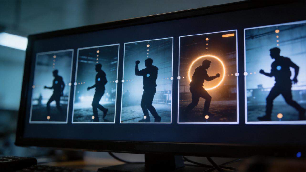 Monitor showing five frames of a running silhouetted character in different poses