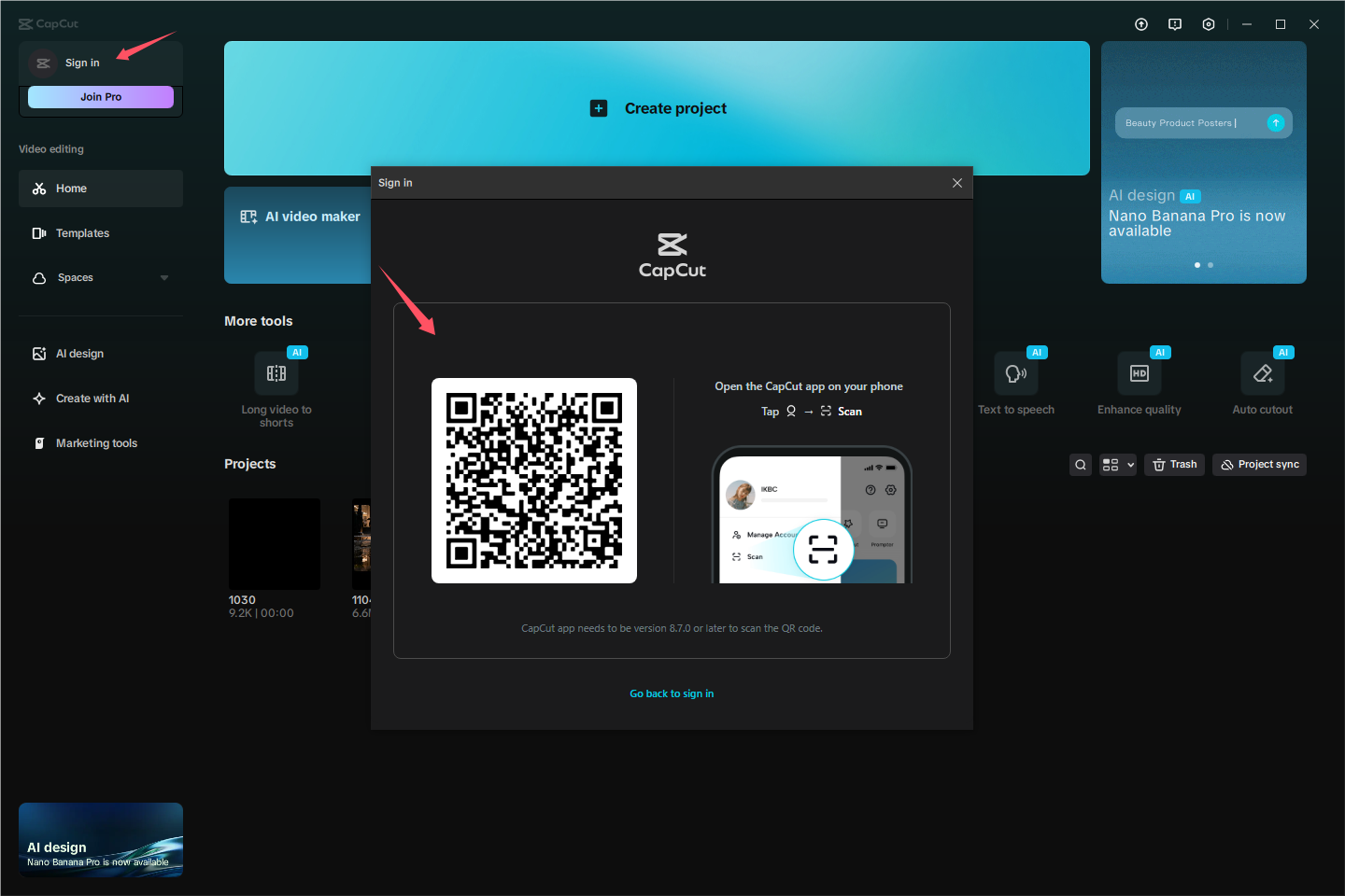 Faça login no CapCut usando o código QR