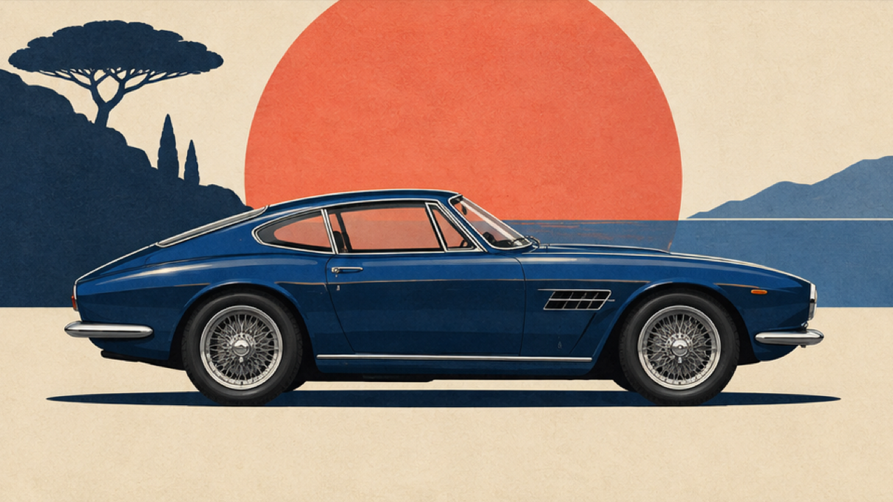 16:9 refined illustrated gallery poster, original cobalt coupe complete side profile, geometric coral cream navy sunset shapes, thin ground line and restrained shadow, subtle paper texture, balanced negative space, exactly coherent wheels, no lettering or logos.