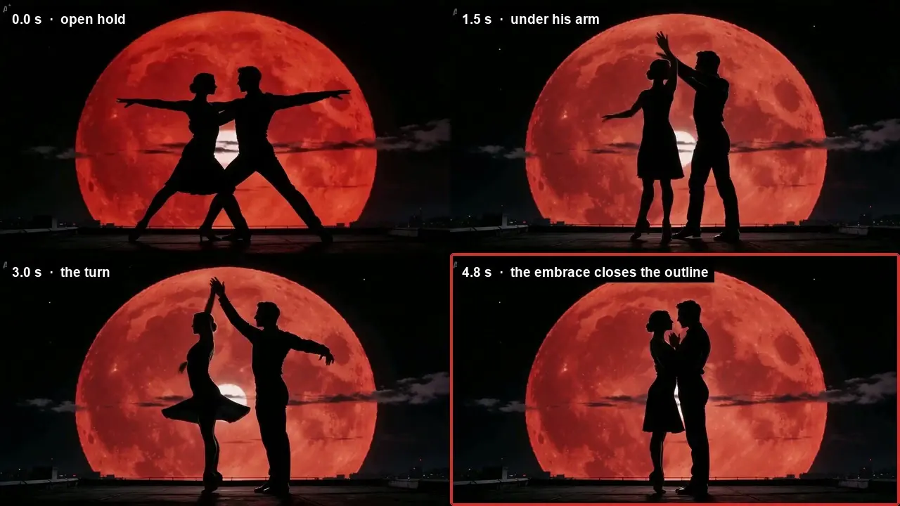 Silhouetted couple dancing before a giant red moon in four pose transitions