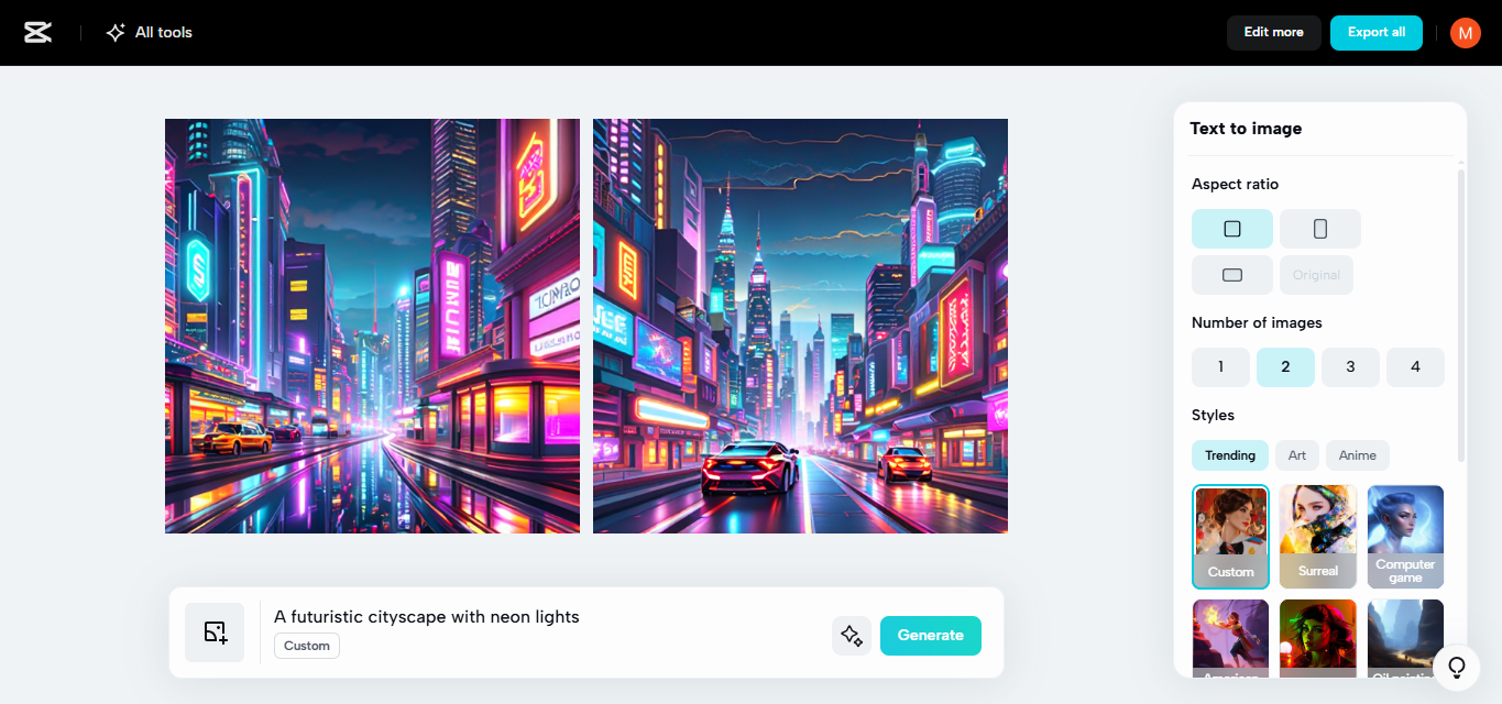 CapCut Web의 편집 인터페이스 - AI 기반 이미지를 만드는 가장 간단한 방법