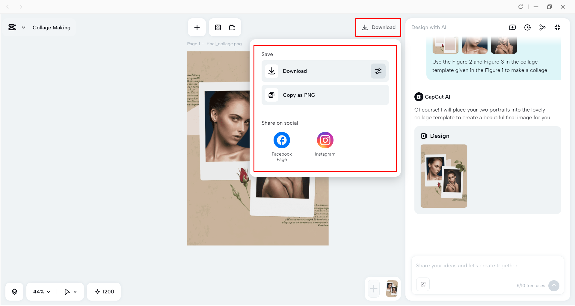 Downloading the merged image from the CapCut desktop video editor
