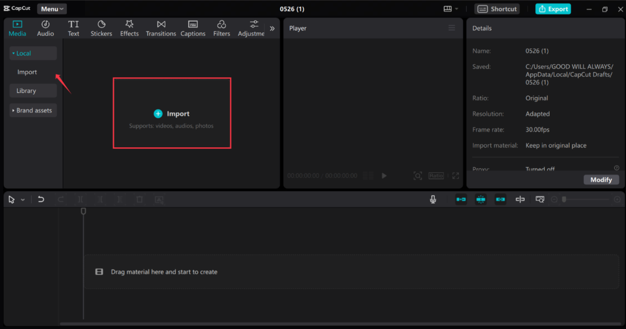 Importing files from PC to CapCut desktop video editor