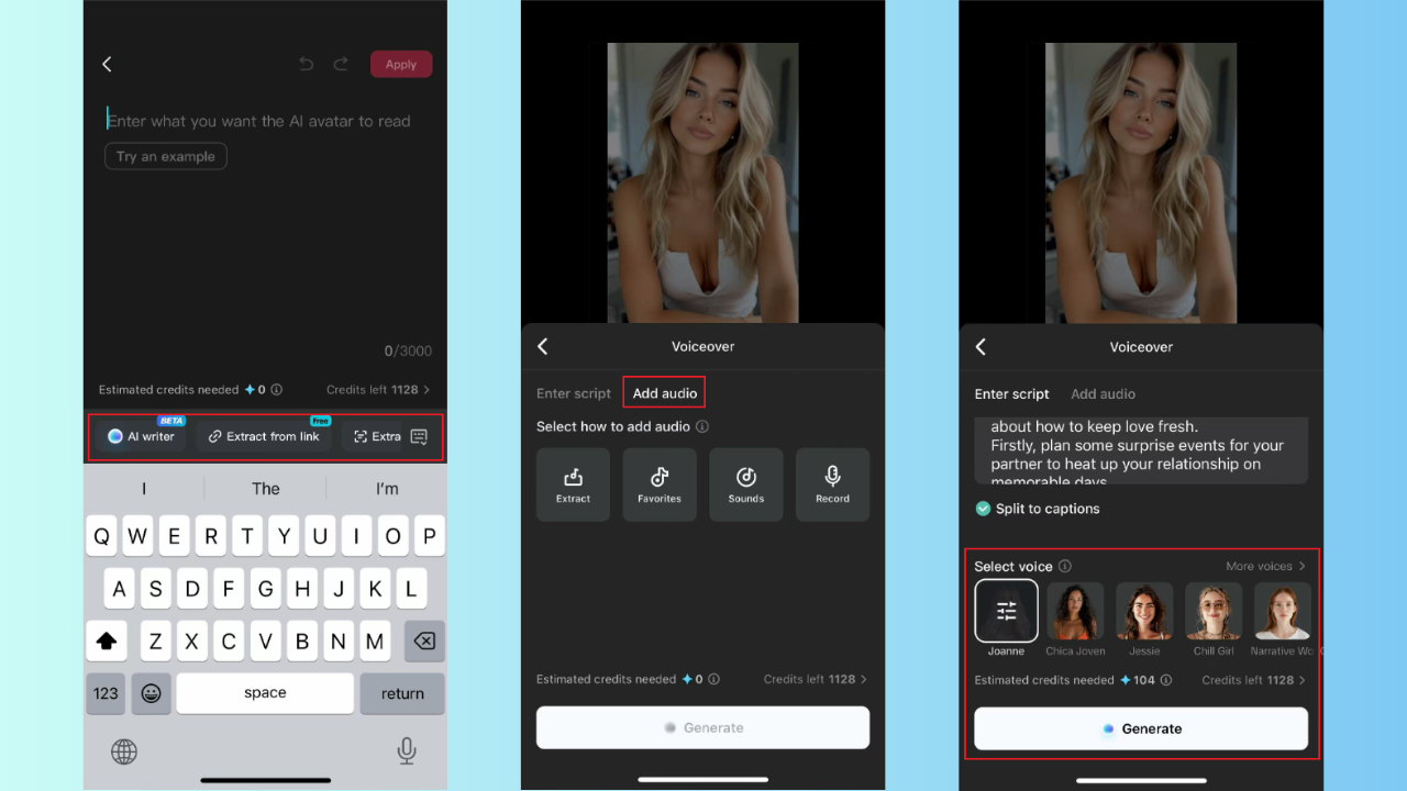 Add your script or audio for AI videos
