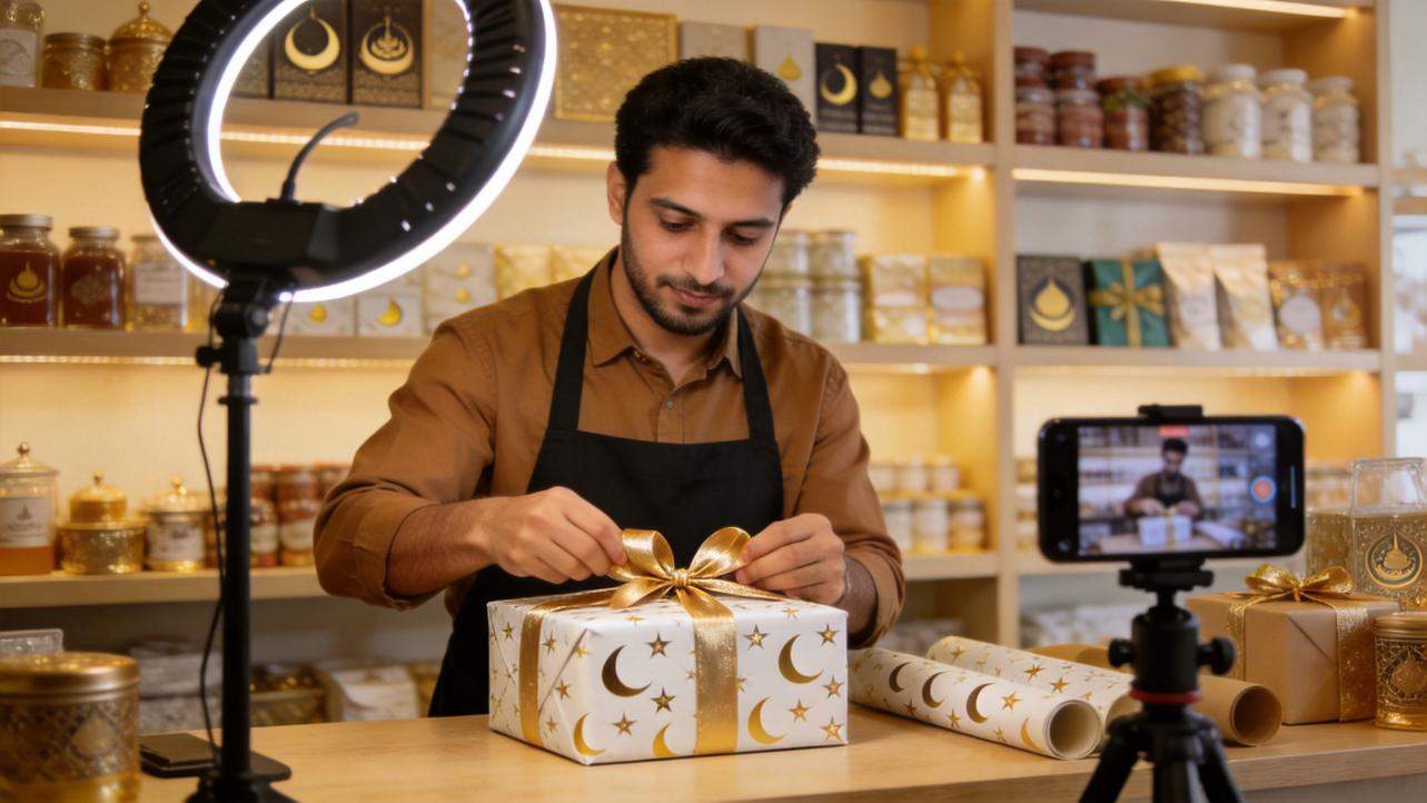 Man filming himself wrapping an Eid gift in a decorated shop