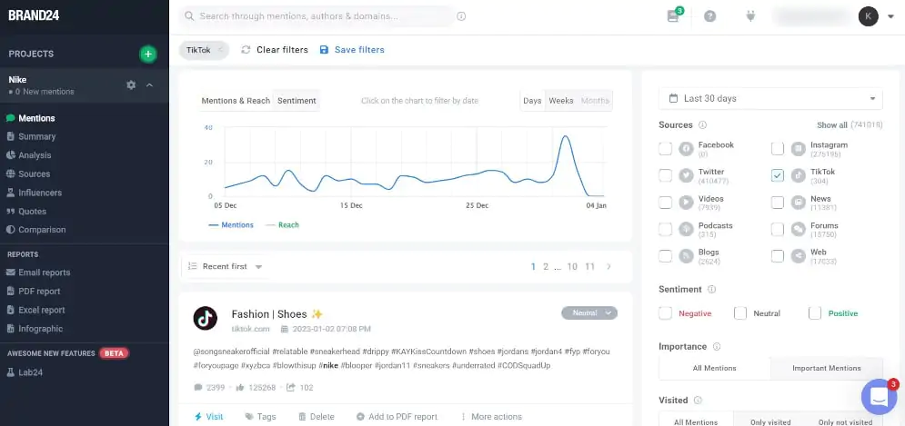 트렌드 중심의 TikTok 분석 추적기인 Brand24의 인터페이스