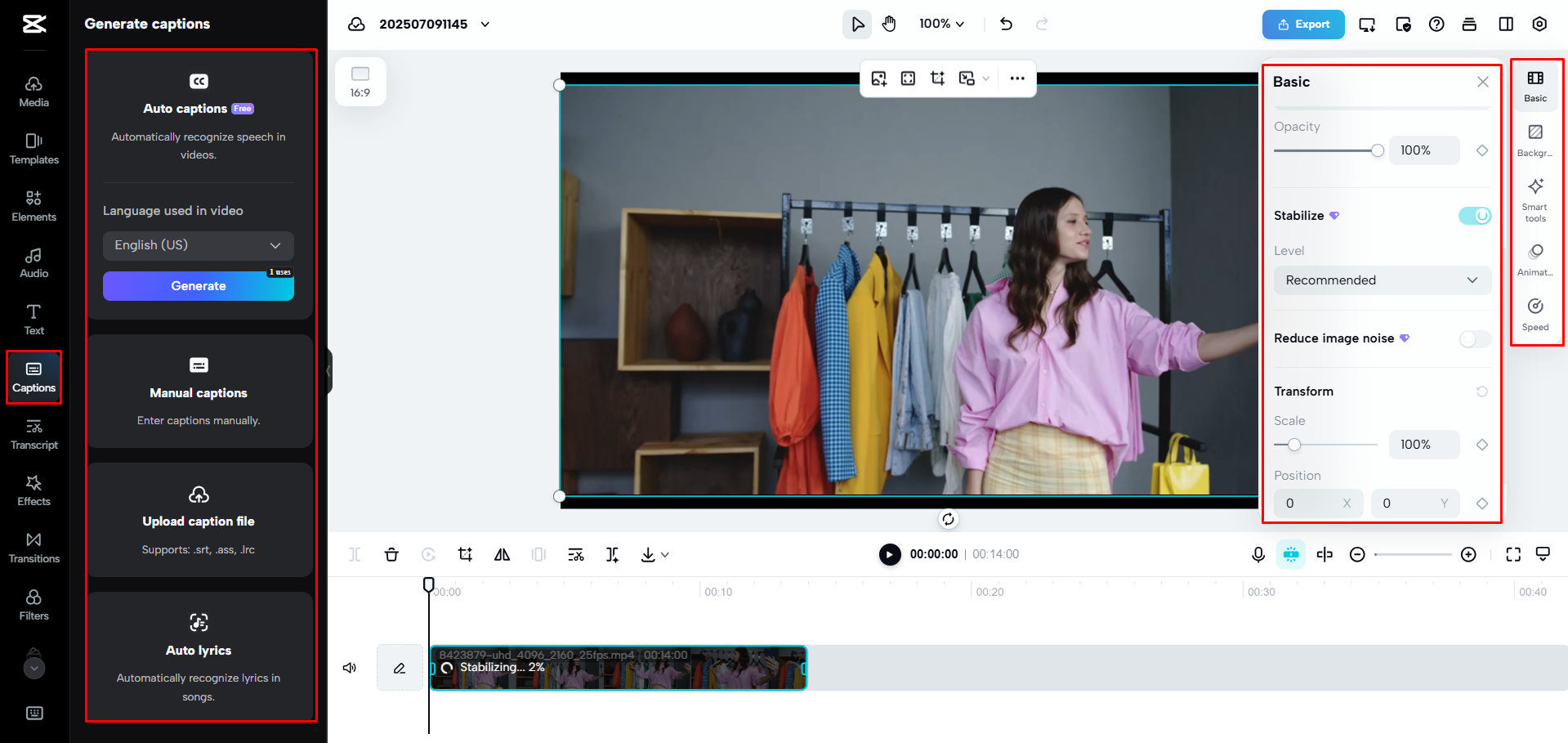 การแก้ไขและปรับระดับวล็อกใน CapCut Web