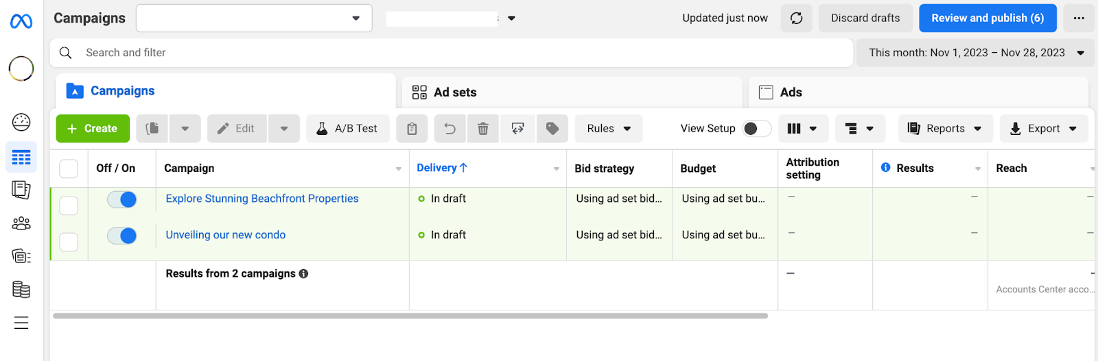 Interface do gerenciador de anúncios do Facebook