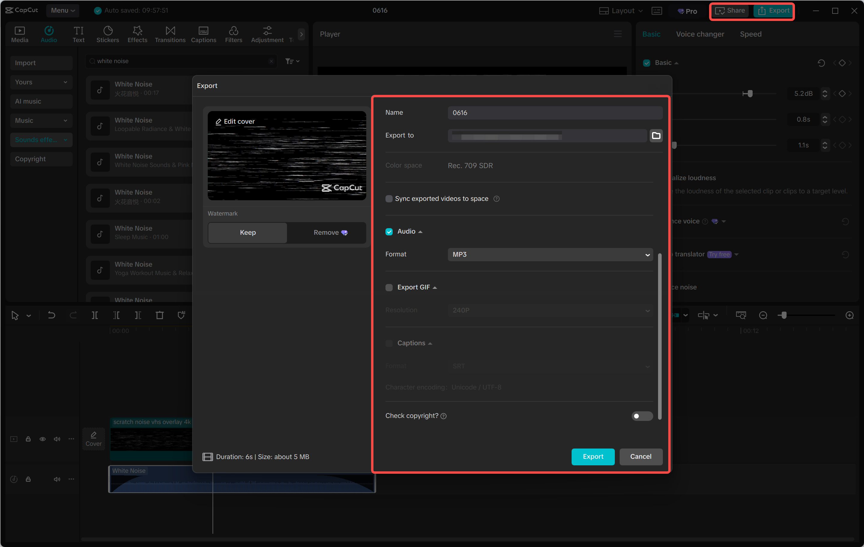 Exporting the final video or audio
