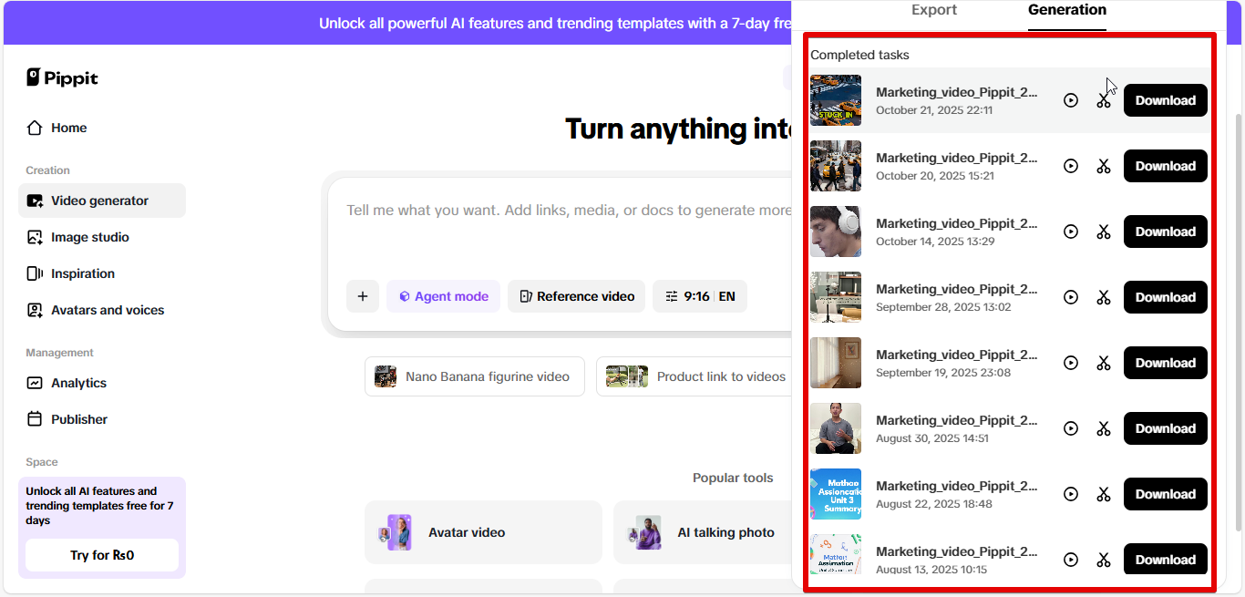 Exporting video from Pippit