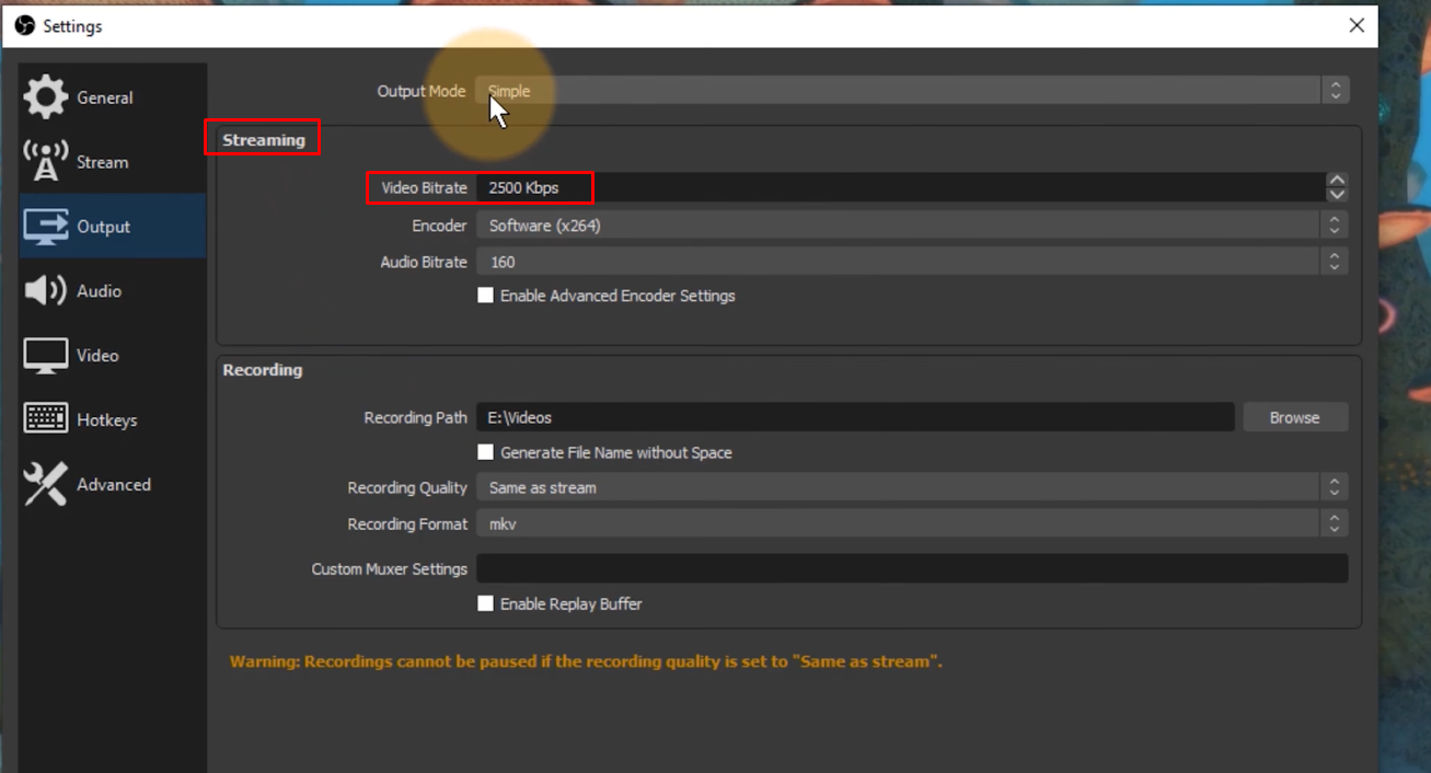 Set the bitrate in the OBS window capture